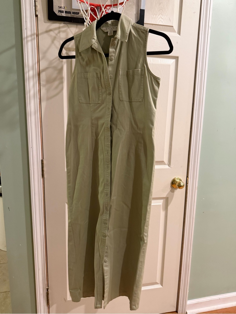 Casual Corner Sleeveless Button-Front Jumpsuit in Light Olive